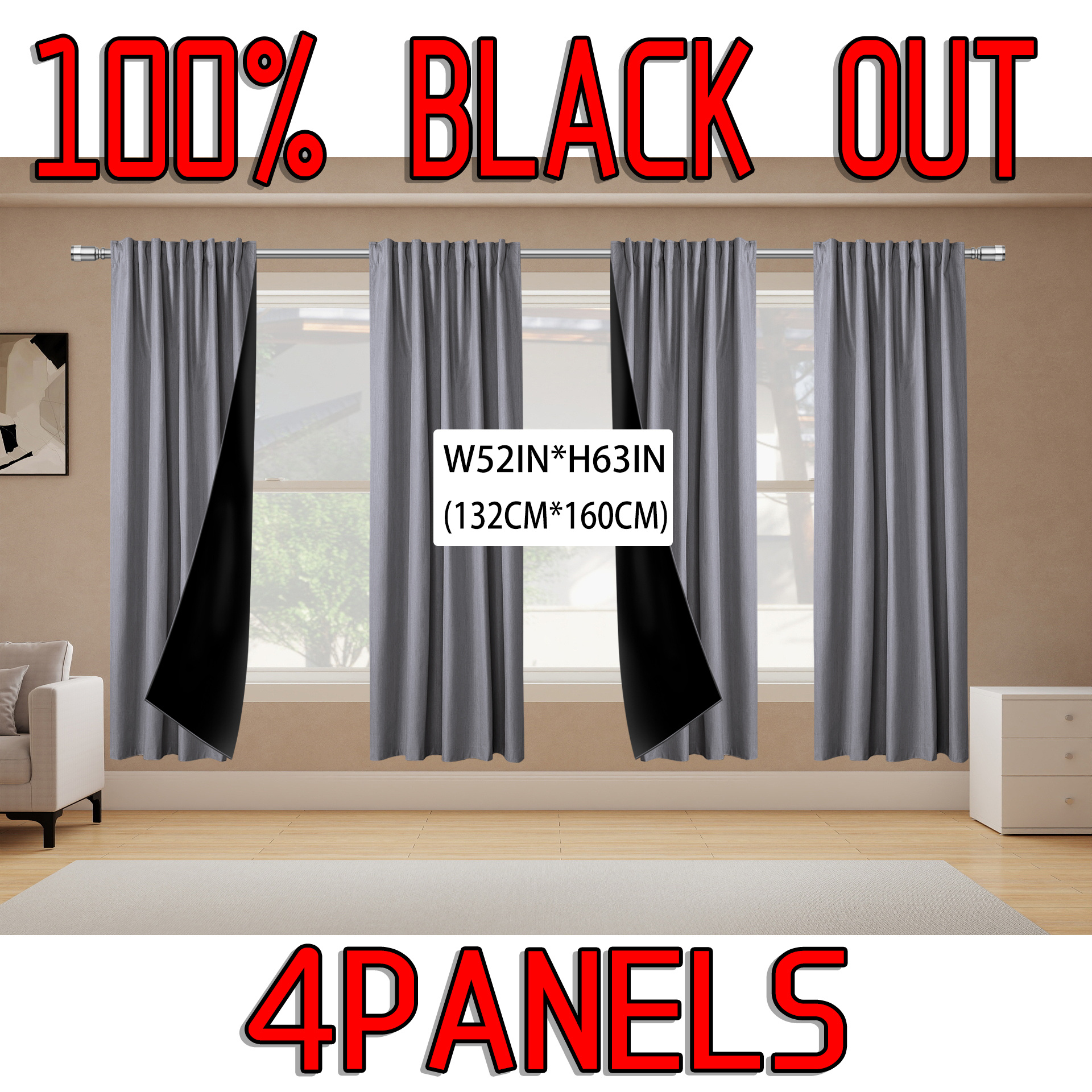 TEMU 4-panel Set, 100% Blackout Curtains Made Of Polyester With A Laminated Backing, Noise-reducing, Heat-insulating, And Thermal-retaining. No-drill