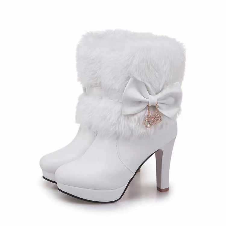 Women'S Winter Warm Fleece-Lined Ankle Boots with Plush Furry Collar & Bowknot - Chunky Heel, Round Toe, Zipper Closure, Lightweight Durable PU Cover, Cushioned Insole & Arch Support - Elegant Cold-Proof Boots for Outdoor Walking, Casual & Formal Ou