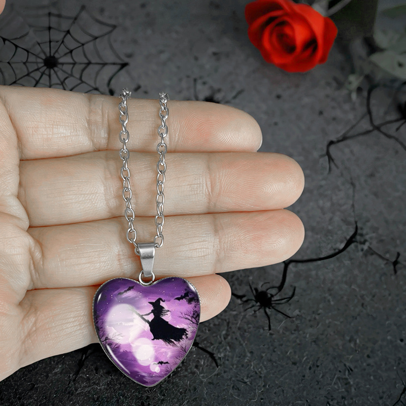 Purple Starry Night Witch Heart Pendant Necklace