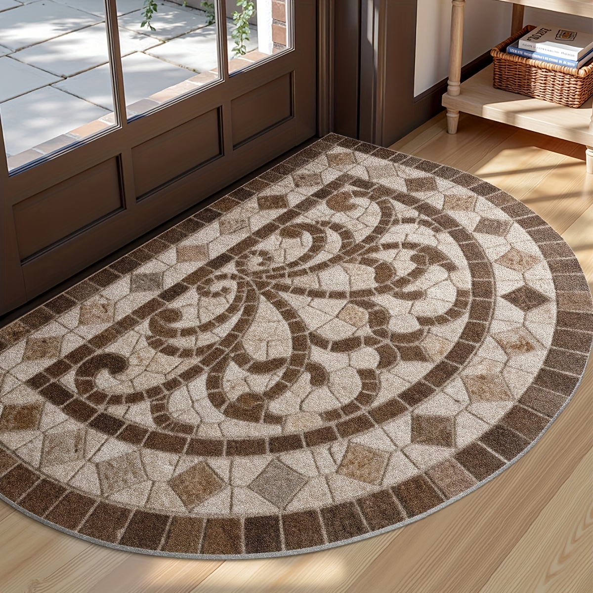 Semi-Circular Marble & Floral Entrance Mat - Non-Slip & Elegant