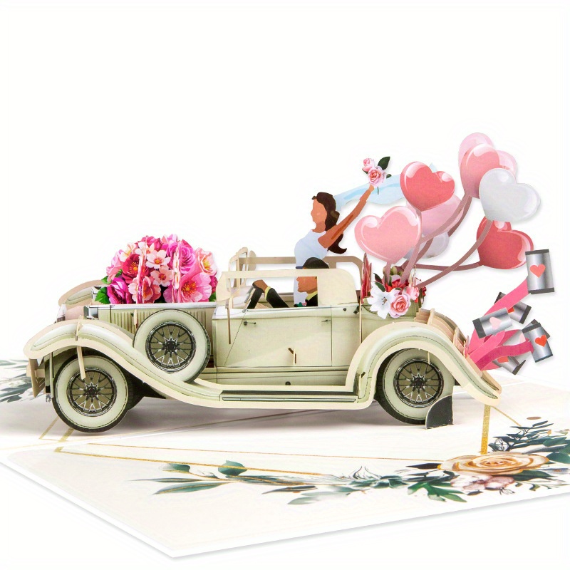 

1pc 3d Car Card With Balloons And Flowers, Greeting For Wedding, Engagement, Valentine's Day, Bridal Shower, New Year - English Language, Card For Husband, Wife, Boyfriend, Girlfriend