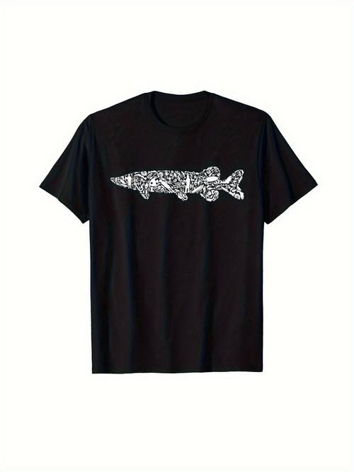 imagem do item camiseta casual masculina com estampa de pike - 50% algodão, , redonda, lavável na máquina, para as , regular, roupa para entusiastas de pesca com design de linha , camiseta de pesca, camiseta para atividades ao ar livre