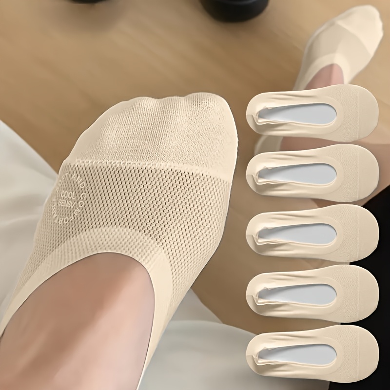 5 Pairs Light Beige And White Breathable Comfortable Cute Ladies' Non-slip Invisible Socks, Elastane, Machine Washable, Solid Color, Spring/summer, For Teenager, For Teenager