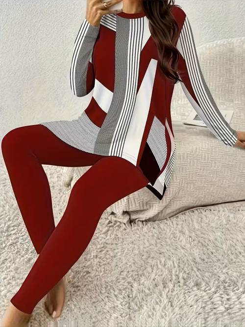 womens casual two piece set with vertical stripes print on sleeves long sleeve t shirt with side slits and round neck with baggy pants winter autumn set with long sleeves
