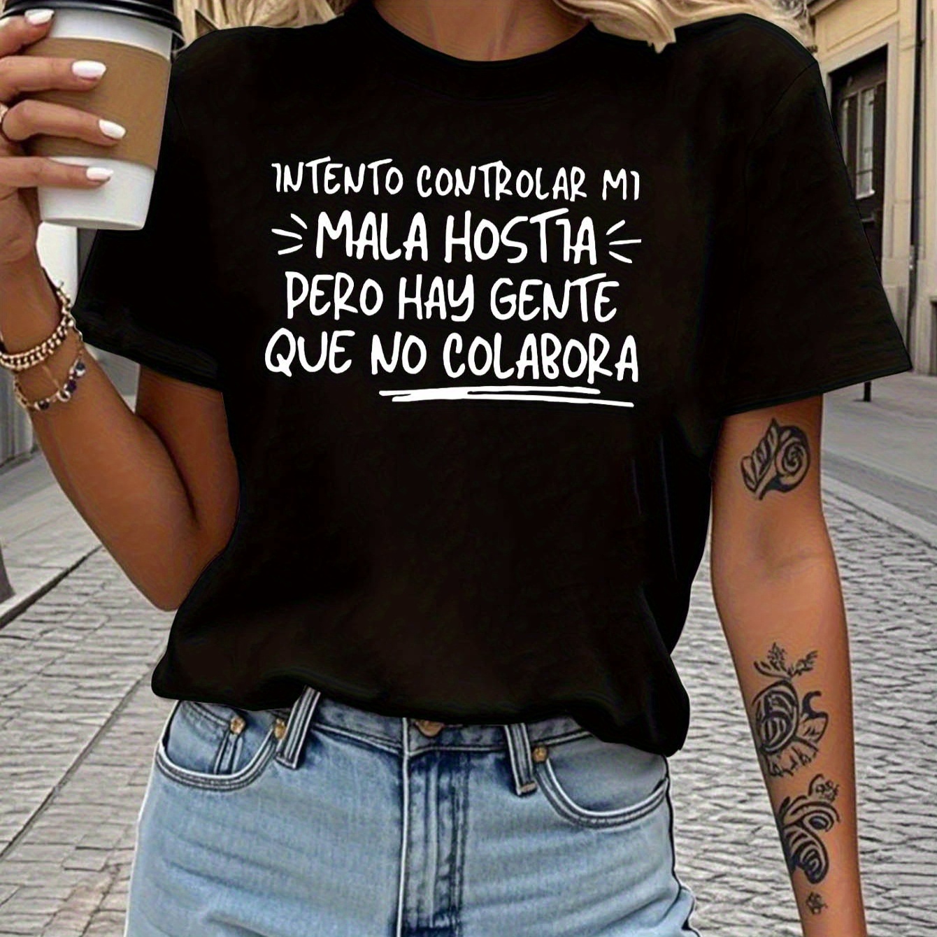 Camiseta con texto de humor español, cuello redondo casual para mujer, para salidas diarias, temporada de reuniones informales