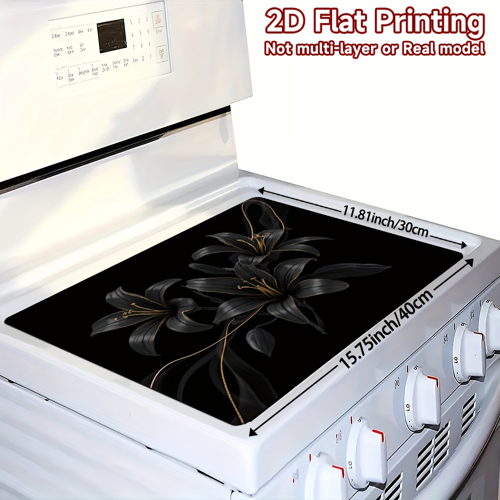 TEMU Protection de plaque de cuisson 2D à motif floral noir et doré élégant - un couvercle de cuisinière aux rayures et compatible avec les