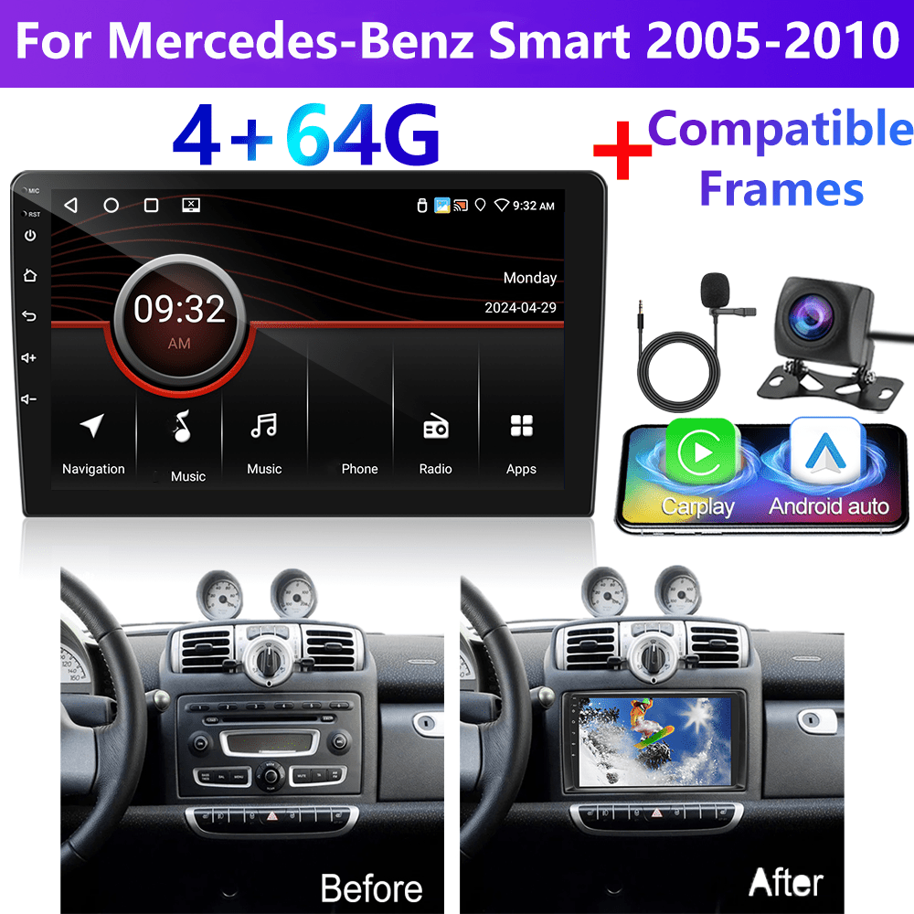Image of [4+64g] Double Din Car Stereo Radio For Mercedes-benz Smart 2005-2010 With & Inch Touch Screen Wireless Audio With Gps Navigation Swc Wifi Rds Backup Camera Mic, Without Battery