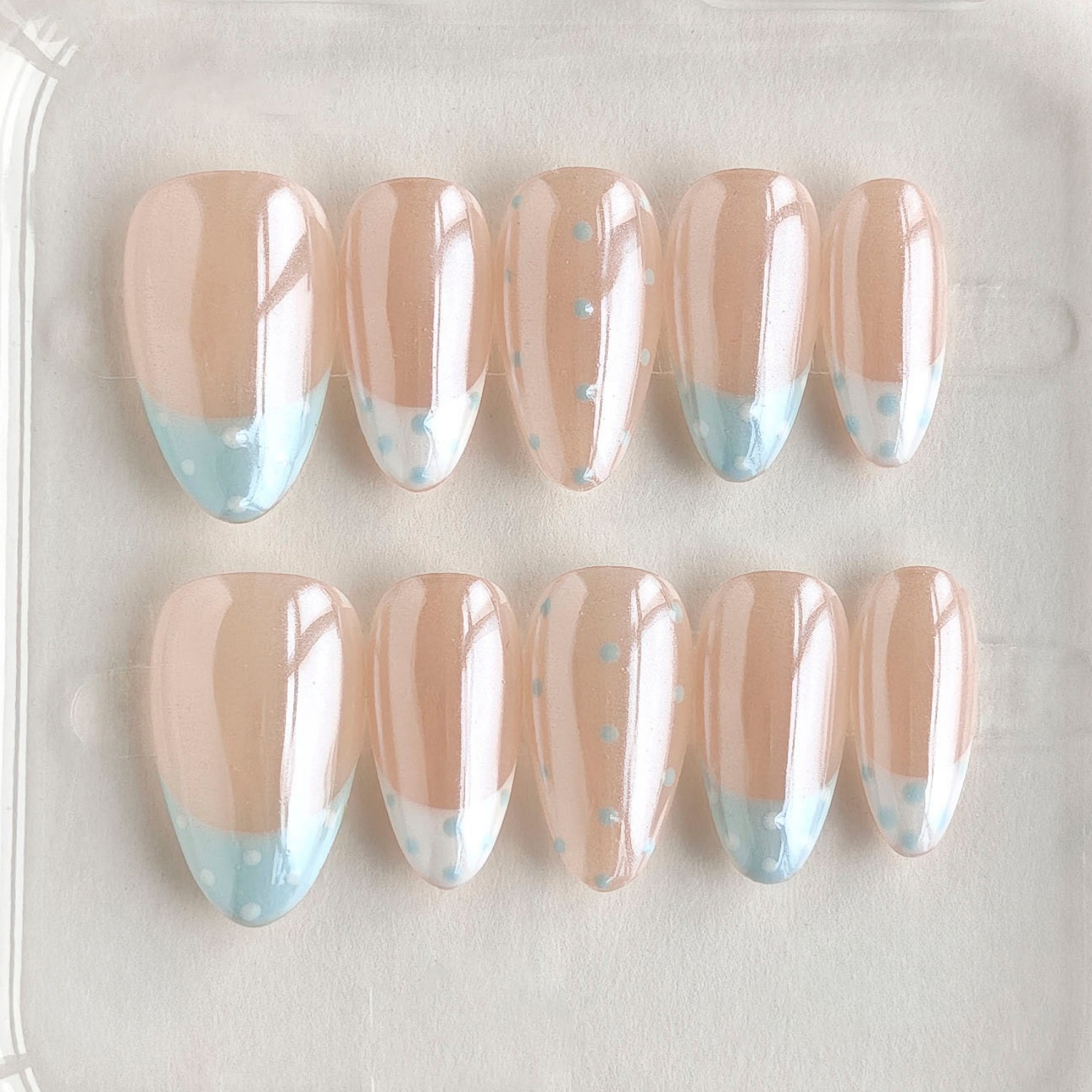 TEMU 10pcs Handcrafted Acrylic Press-on Nails, New Short Almond-nude Pink Pearl Polka Dot Nails, Gentle , Suitable For Daily Work, Mature Casual
