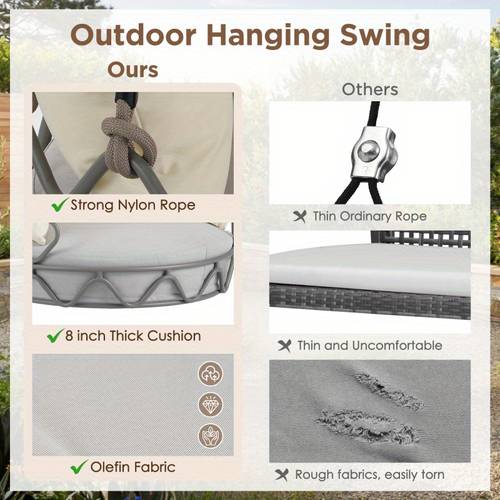outdoor porch swing chair with uv resistant cushion ergonomic hanging basket seat 300lb capacity durable nylon rope easy 15 min assembly for patio balcony porch beige patio chair cushions relaxation seating elegant weatherresistant furniture