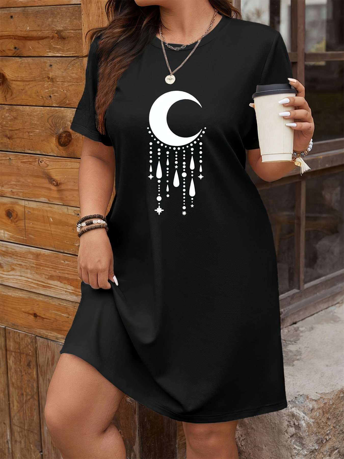 women's casual short sleeve t-shirt dress with stars print