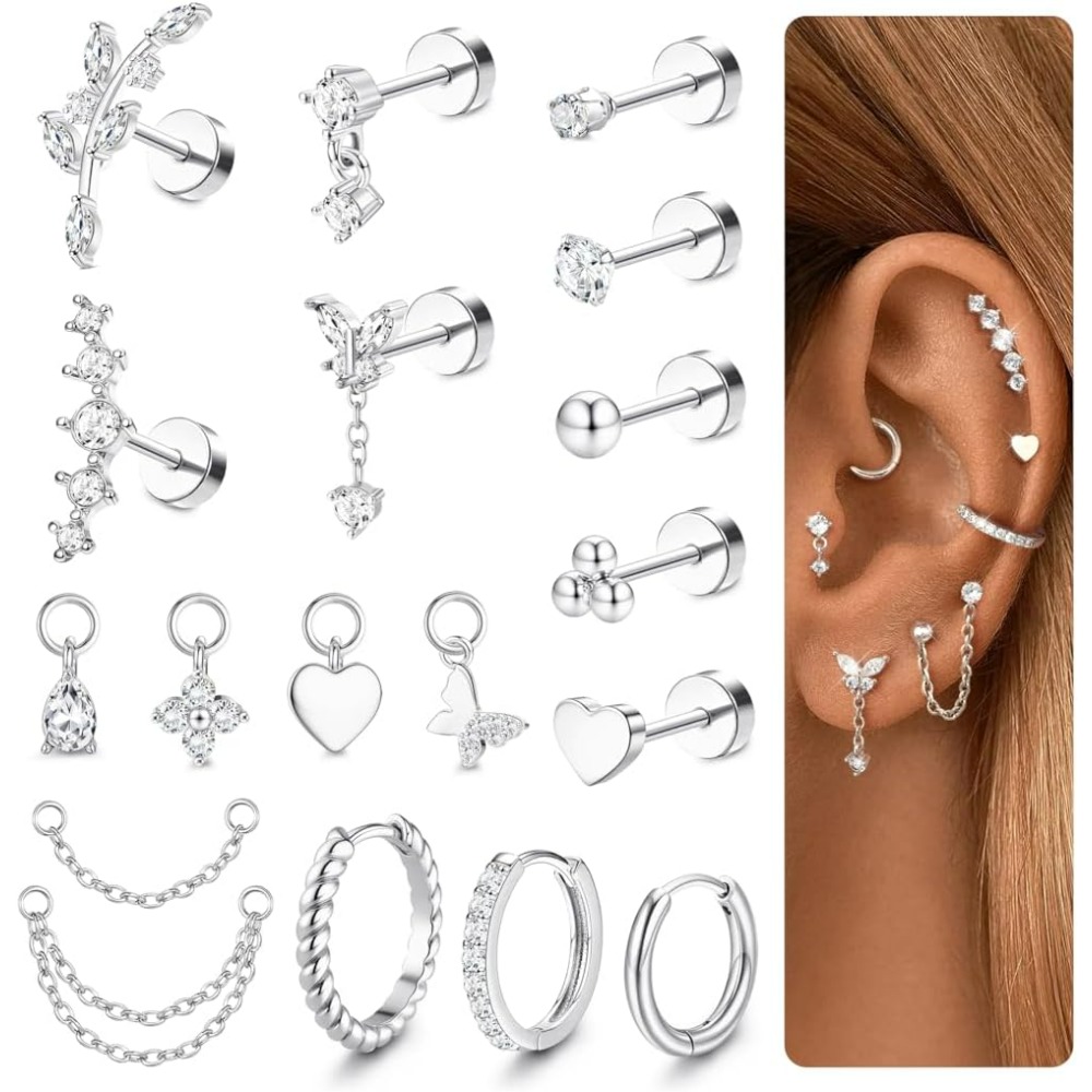 2d Flat, 18pcs Earrings Set Hypoallergenic Helix Piercing Jewellery Flat Back Earring Stud Helix Hoop With Charms Cartilage Earrings Conch Daith Tragus Piercing Jewellery