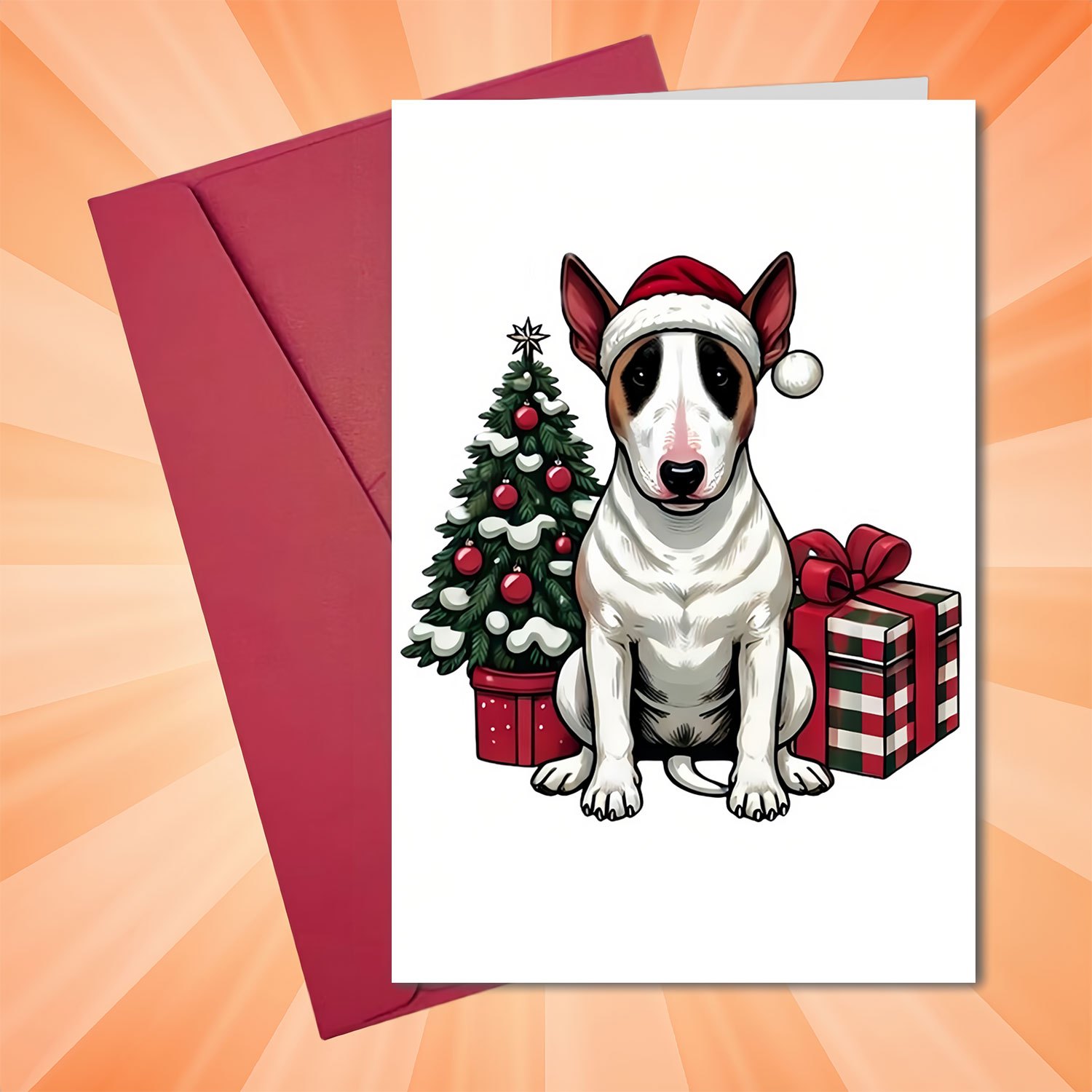 

Bull Terrier In Santa Hat Christmas Greeting Card | Multipurpose Holiday Wishes | Christmas, New Year's, Birthdays & | Family, Friends, Colleagues Gift With Envelope