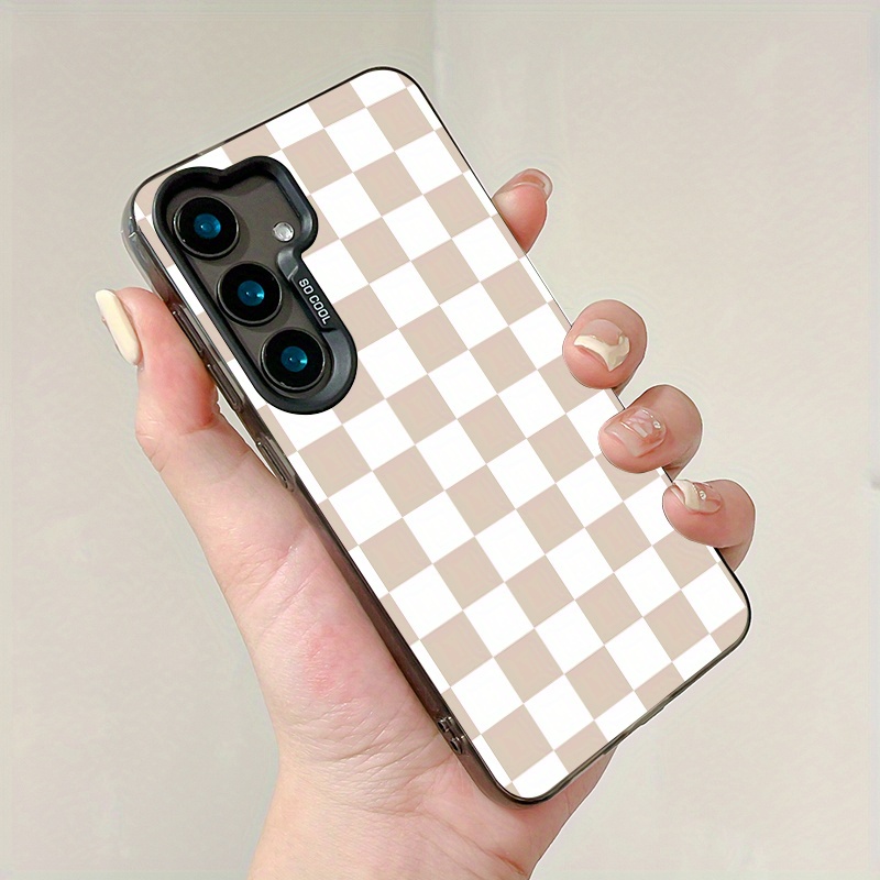 TEMU A New Phone Case For Galaxy Models S21 To S25, Featuring A Stylish Brown And White Plaid Design, Perfect As A Gift For During