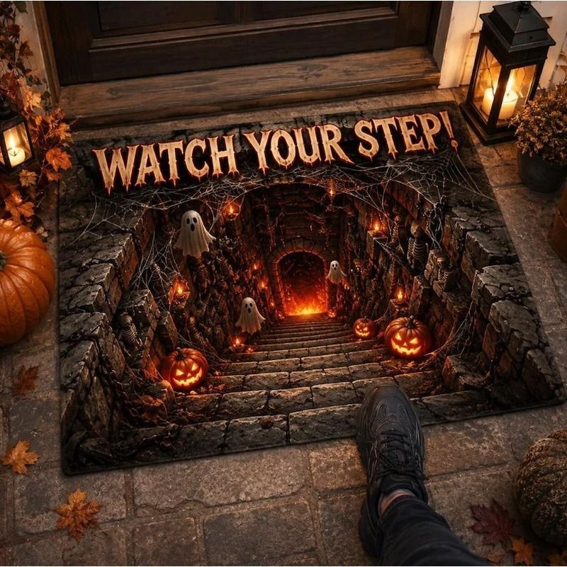 TEMU 3d Halloween Illusion Rug Door Mat Spooky Print And Pumpkin Floor Decor Non-slip Welcome Mat For Holiday Party Entryway Home Entrance Decoration