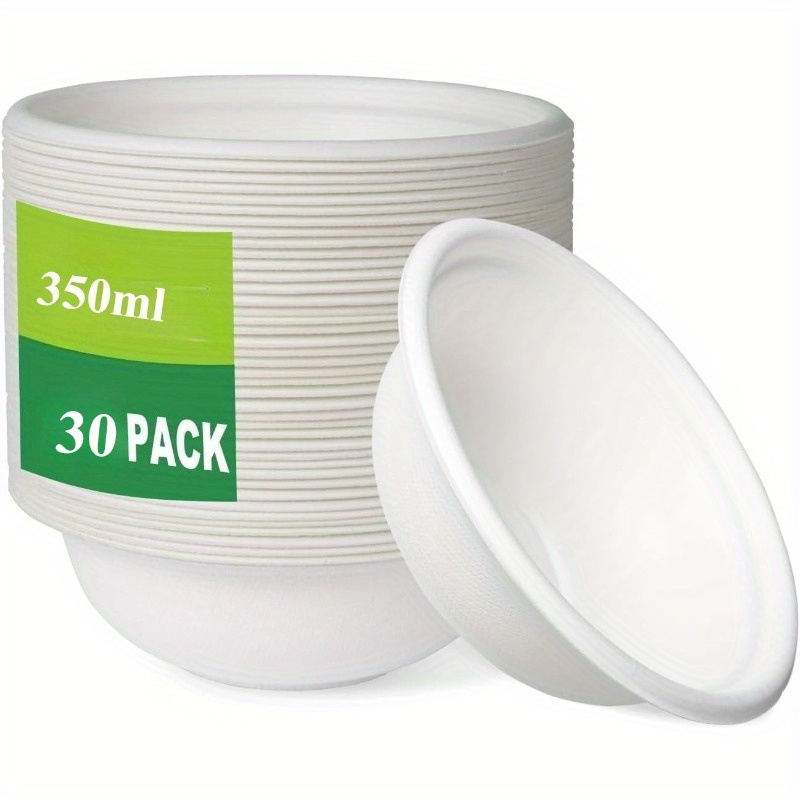 30pcs Disposable Bagasse Bowl, White 350ml, Microwave Safe, Party And Picnic Preparation , Salad And Tortilla Pasta Storage Bowl, Hot Soup Bowl, Party, Camping, Birthday, Wedding