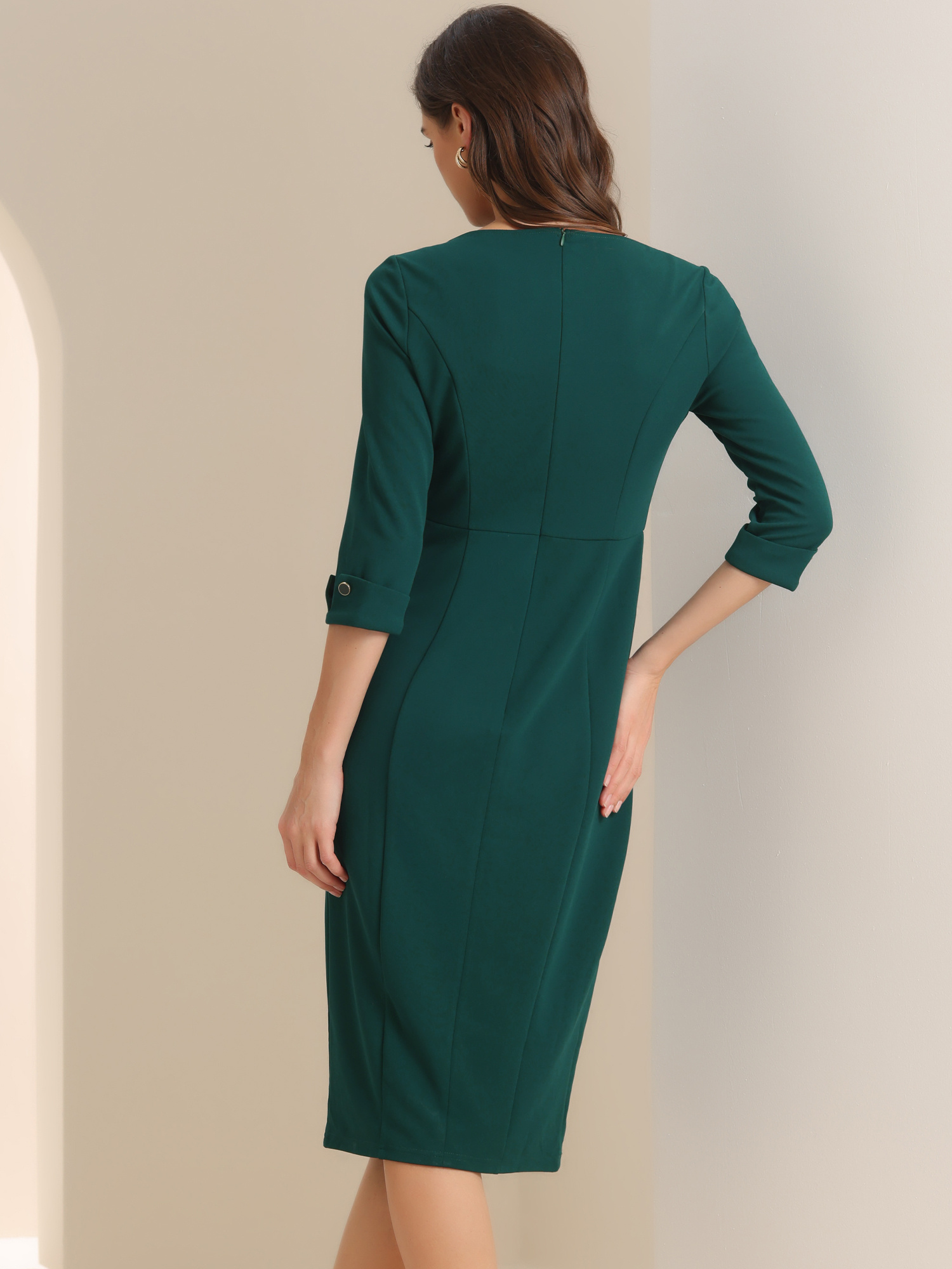 knee length dresses for ladies Semi-Formal Work Dress Blue Round Neck Long Sleeve Midi Dress  Loveiss
