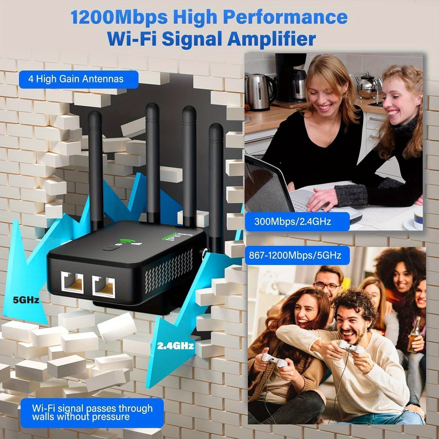 WiFi Extender, Signal Amplifier, Repeater, Router, Signal Booster, Easy to Set Up, 1200Mbps, Dual Band 2.4G/5G, 4 Antennas, 2 LAN Ports, Suitable for Home, Office