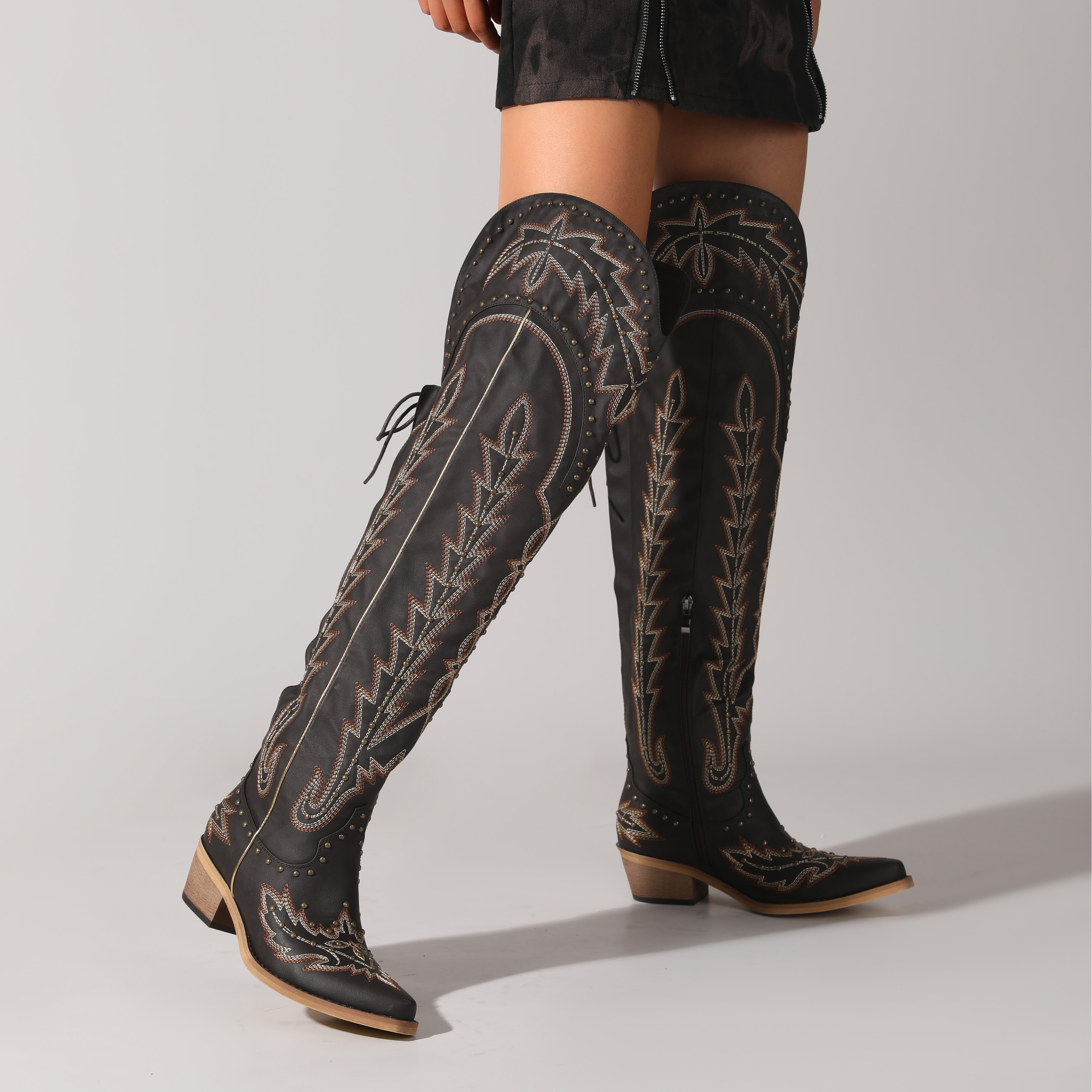 Cowgirl Thigh High Wide Calf Cowboy Boots for Women- Embroidered Western  Boots with Back Lace-up, Side Zipper, and Studded Detailing, Perfect with  Jea