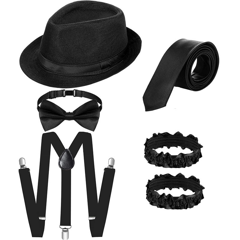 TEMU Ensemble de 6 pièces de vêtements et accessoires pour homme des années 1920, comprenant un vintage, des bretelles, un nœud papillon, une cravate