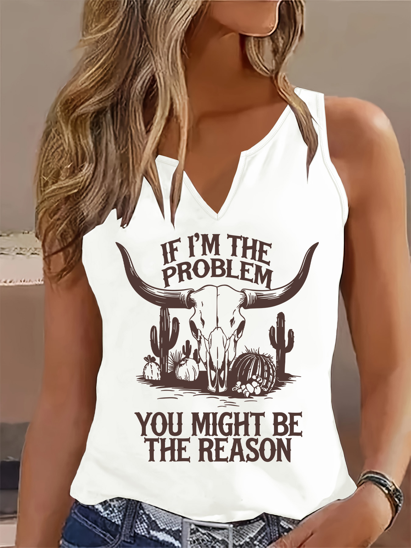 womens western cowboy graphic tank top v neck sleeveless shirt with if im the problem you     saying black cowboy hat cactus design lightweight summer tee for western parties everyday outfits casual cowboy outfit essential cowboy accessories party attire offshoulder fashion   breathable fabric statement piece     soft material printed blouse fashionforward women