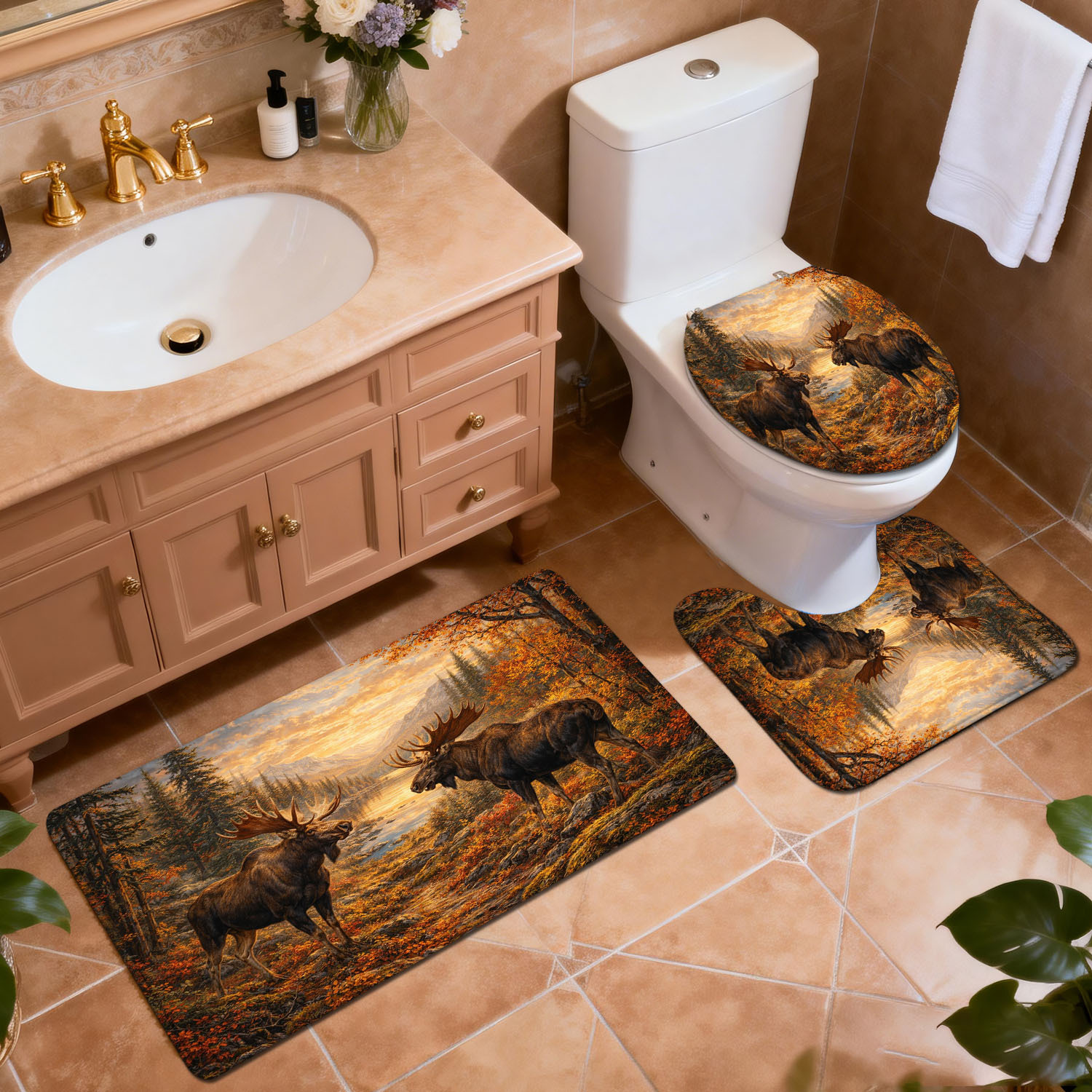 TEMU Ensemble de 1/3 tapis de salle de bain, motif double éléphant au d'automne, tapis d'entrée de décoration intérieure, ensemble d'accessoires de