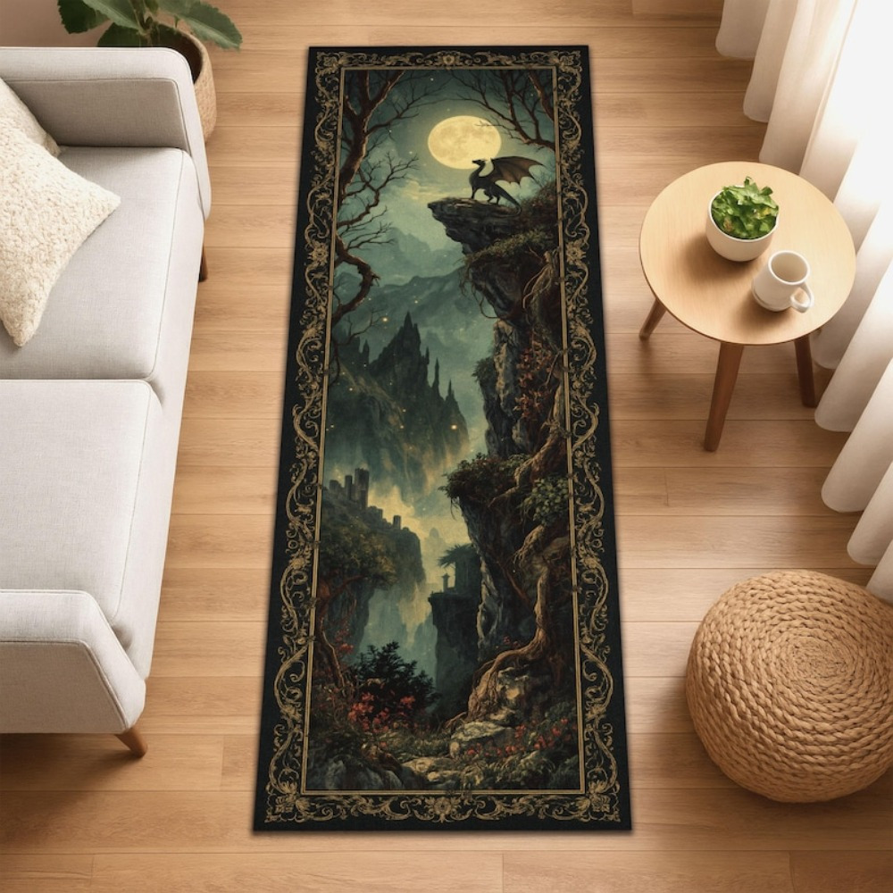 TEMU 1pc Hd Printed Kitchen Mat - Gothic Fantasy Moonlight Castle Mat And Mythical Creatures, Machine Washable Rectangular Rug For Hallway, Living