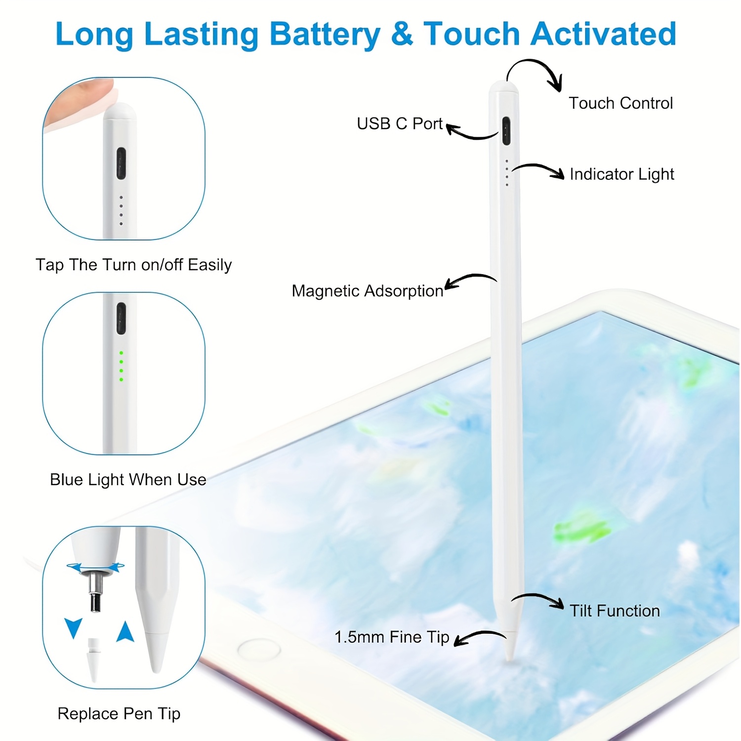  compatible ipad/ /microsoft - pencil à charge rapide, capacitif haute pour ios, samsung, avec pointe de remplacement et câble de charge Détails du produit 3