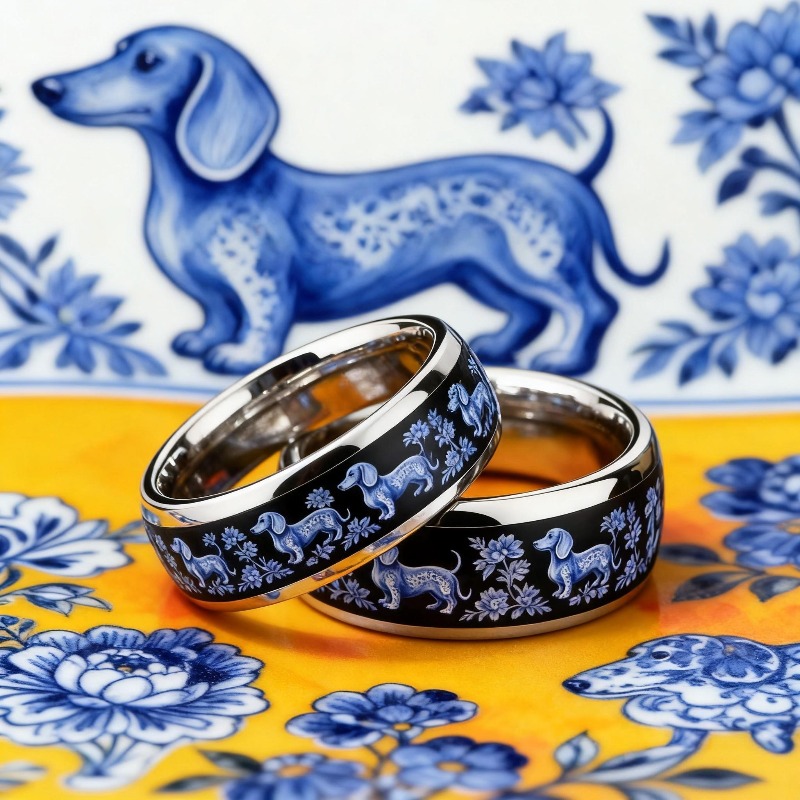 Blue Porcelain Dachshund Pattern Stainless Steel Ring, Floral Design