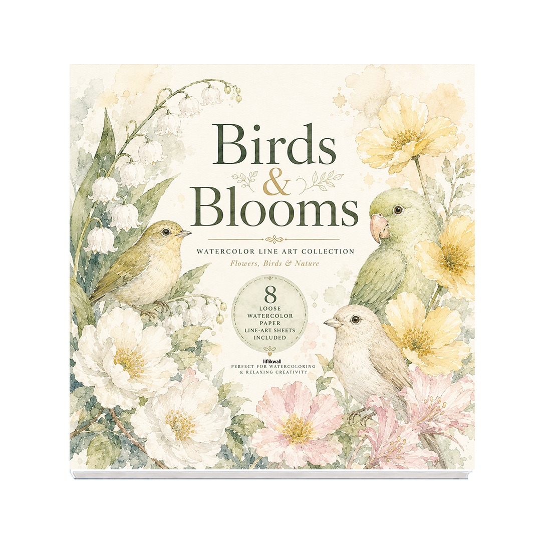 TEMU Birds And Blossoms Watercolor Coloring Pages, 8-page Bulk Floral And Bird Line Art Painting Sheets, 300g Thick Wood Watercolor Paper,