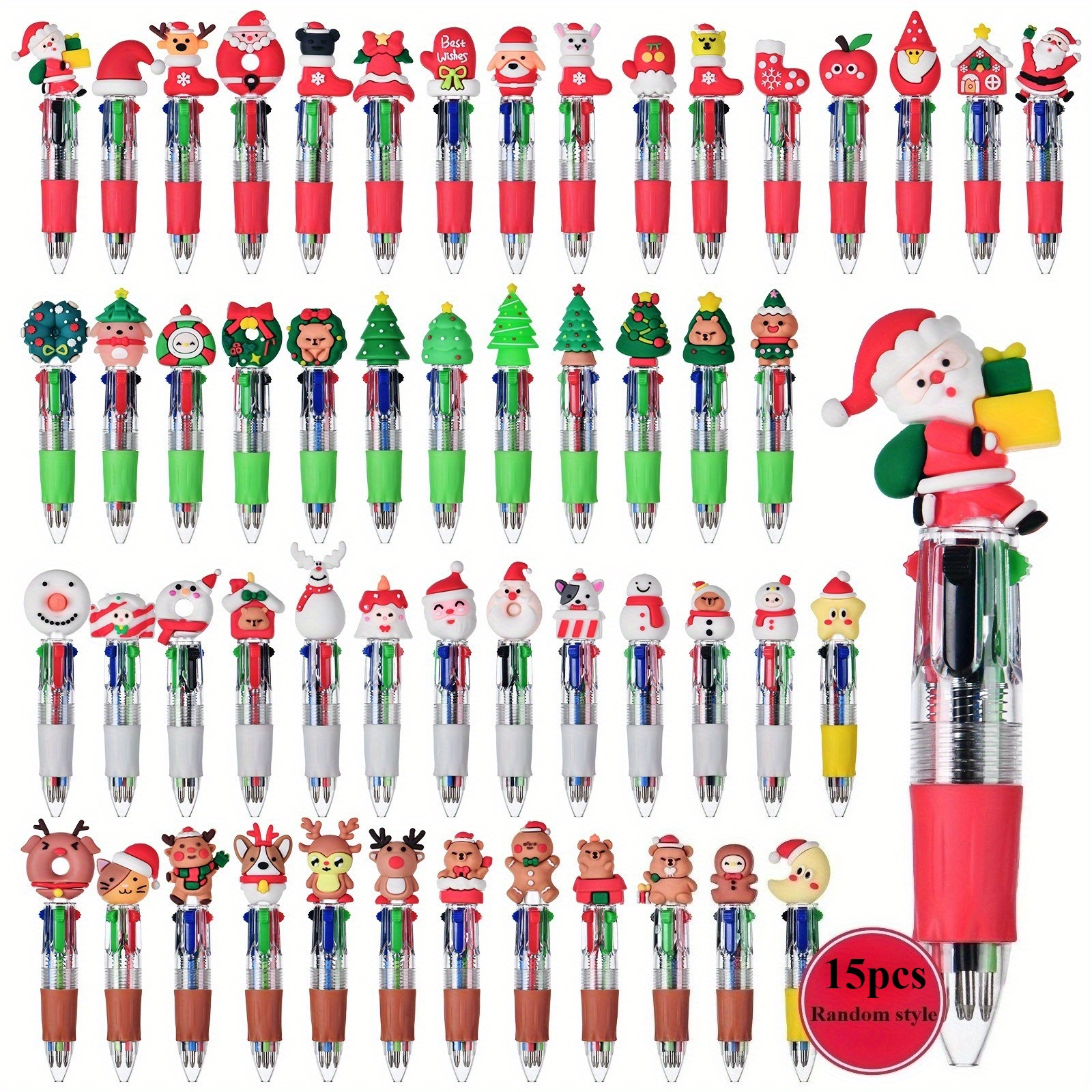TEMU 15 Mini Christmas Ballpoint Pens, 4-in-1 Colorful Set — Christmas Tree, Santa Claus, Wreath, Holiday Prizes, Stocking Stuffers, Classroom