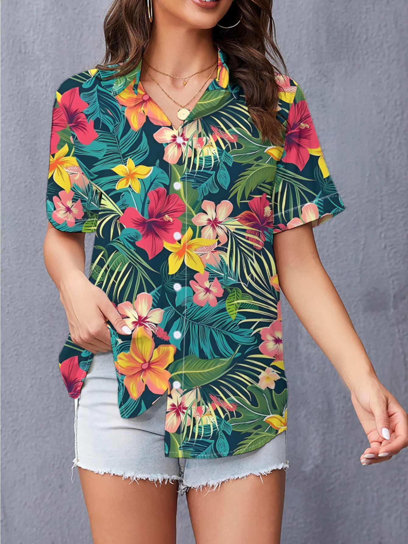 womens   and palm leaf print short sleeve button shirt casual hawaiian floral graphic blouse vibrant island vacation pattern top lightweight loose fit daily wear