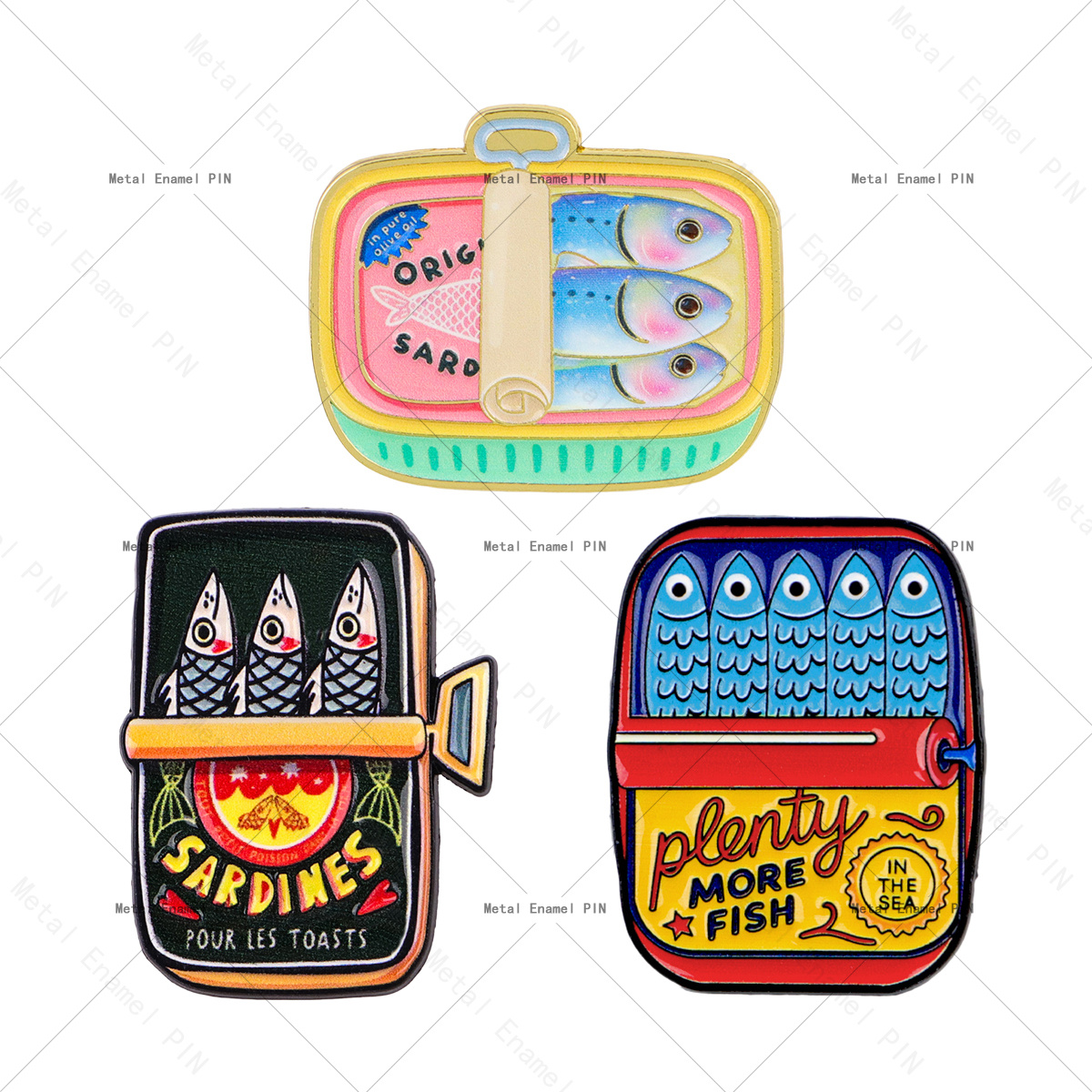 TEMU Lot de 3 épingles et broches en de émaillées de sardine en boîte de dessin pour sacs à dos, sacs, décoration pour ami, cadeaux