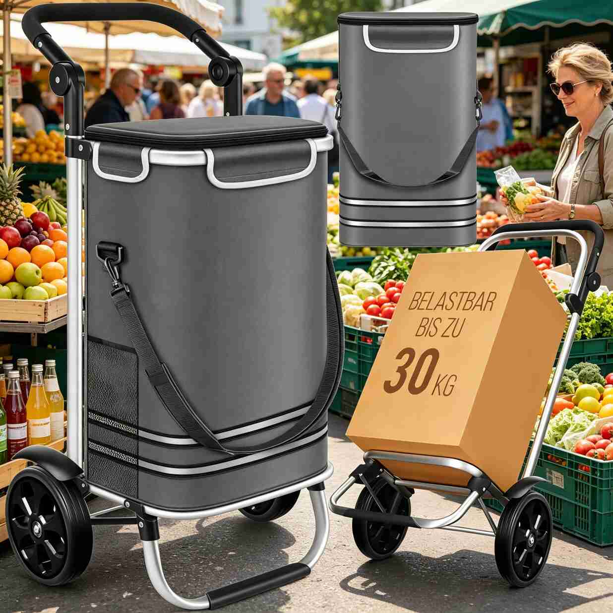 Image of Shopping Trolley Foldable 3in 1 Shopping Cart; 56 Liter Including Cooler Compartment; Folding Hand Truck Shopping Bag (gray)