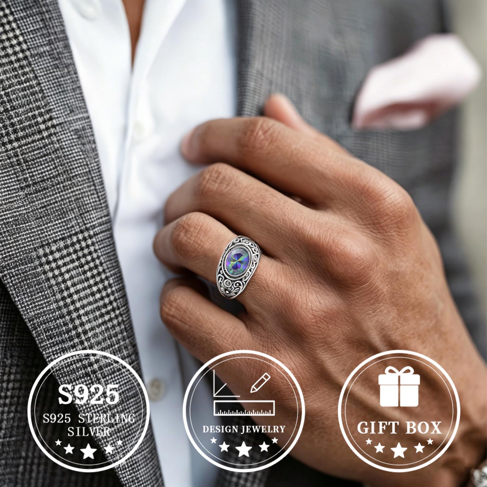 Men's S925 Silver Oval Iridescent Pattern Ring — Stylish Statement