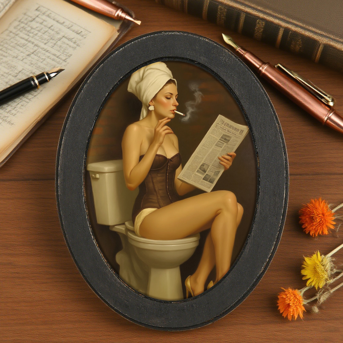 woman holding cigarette and newspaper bathroom wall art home decor retro style wall decor room decor indoor outdoor decor hangable wall accent photo wall wooden picture frame