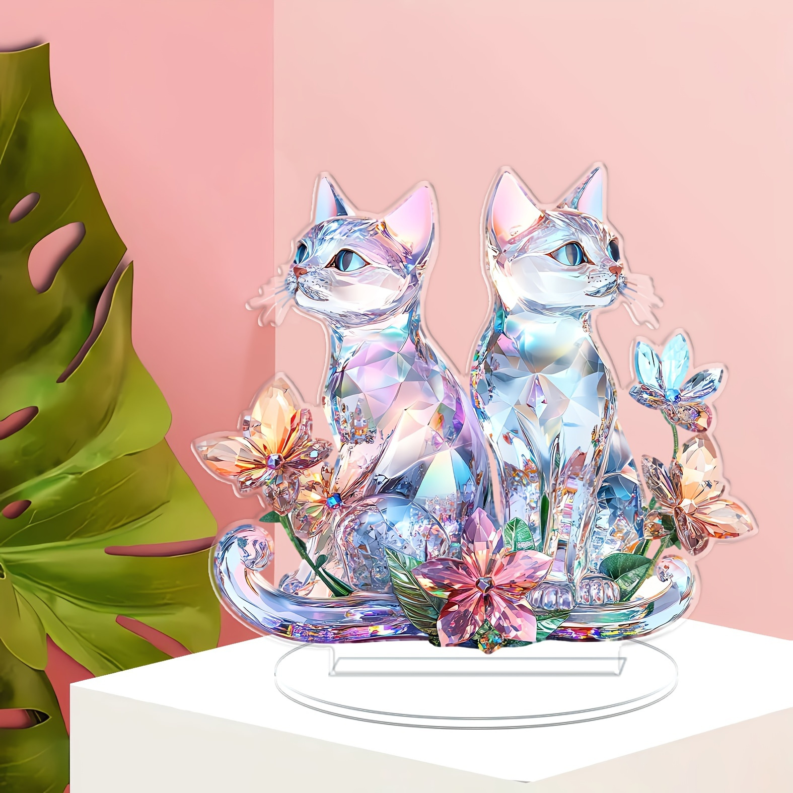 

Rainbow Acrylic Cat Couple Figurines - 2d Decorative Art, Iridescent With Floral Accents, Birthday & Graduation Gifts, Ideal Desk Decor, Gift Item|art |intricate Detailing