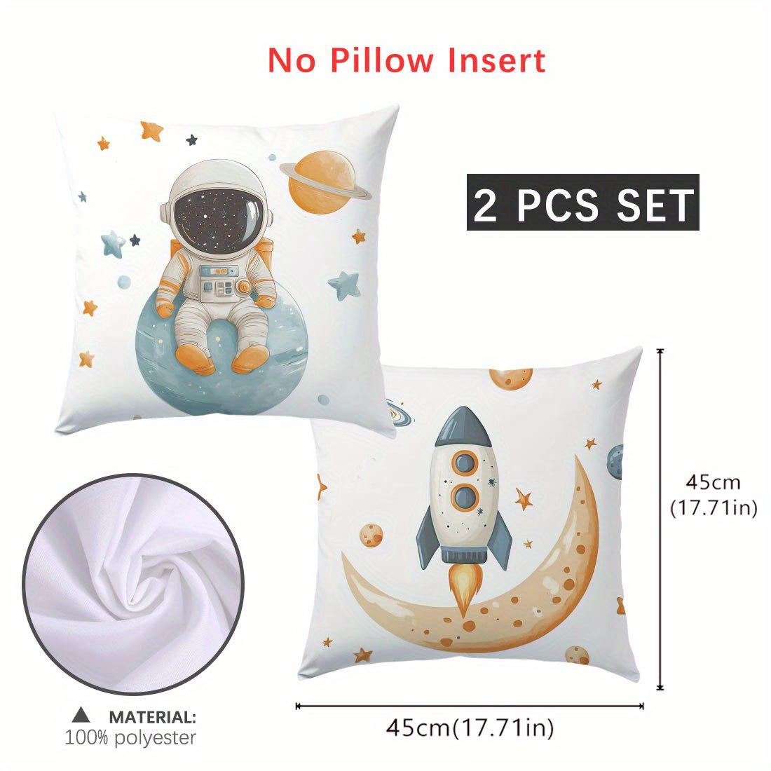Image of 2pcs, Cartoon Astronaut Printed Pillowcases Patterned, (17.71in X 17.71in/45cm X 45cm) Decorative Pillow Covers For Living Room Bedroom Sofa Cushion Covers, Pillow Inserts Not Included