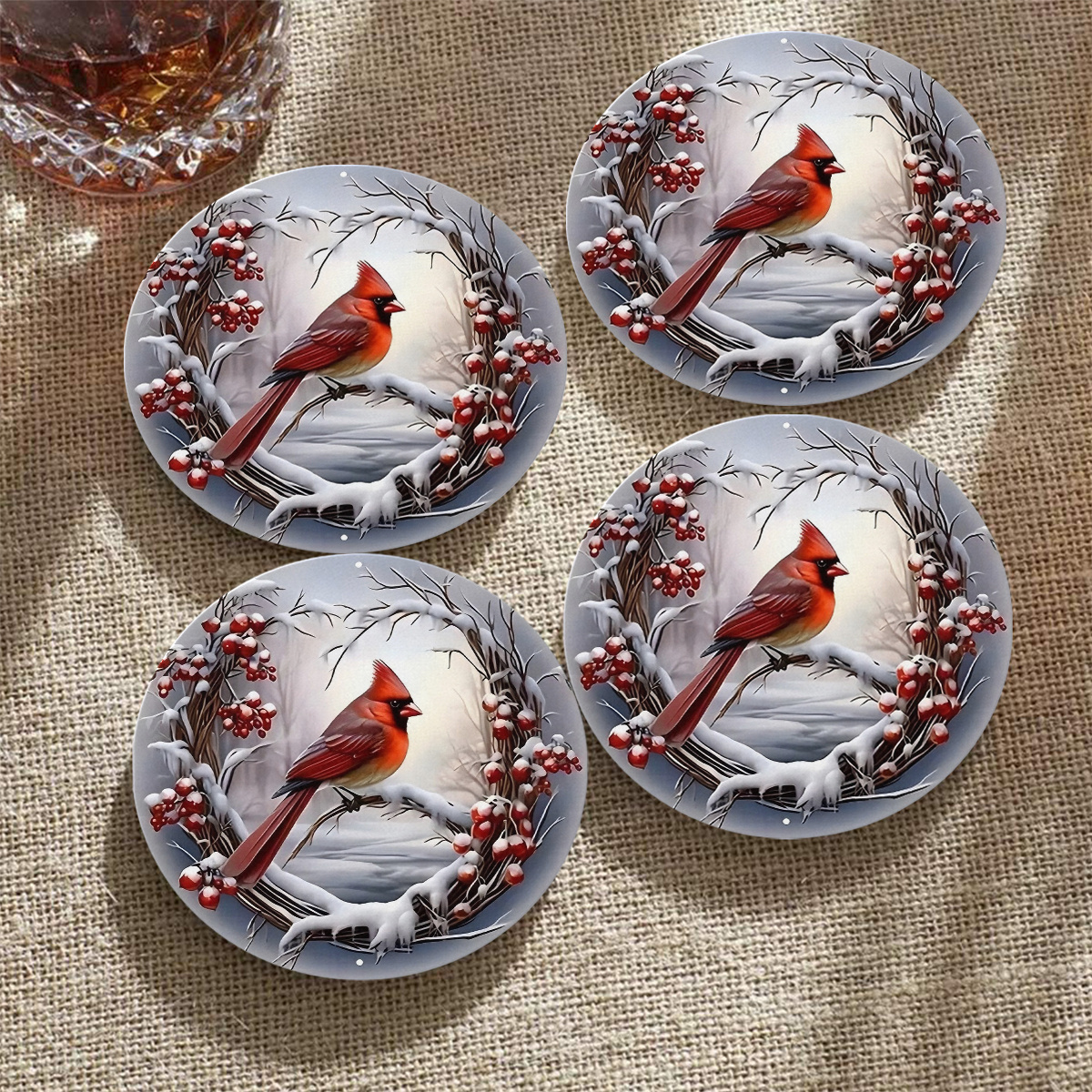 

4pcs Christmas Wooden Coaster Set - 4" Round, Heat-resistant & Non-slip Drink Mats With Wreath Design -