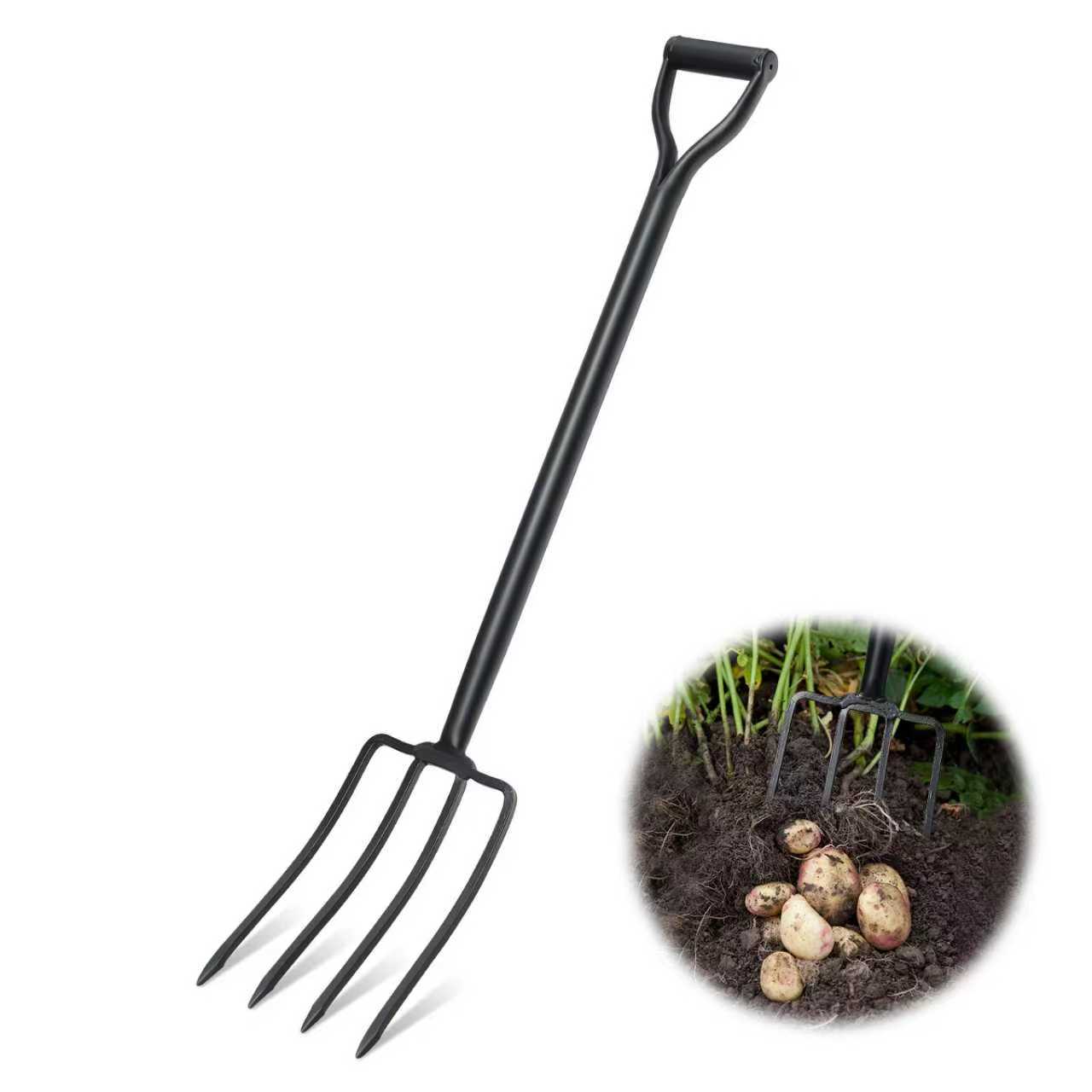heavy duty 4 prong garden fork made of carbon steel 42 inch long handle with ergonomic non   ideal for soil turning weeding lawn maintenance planting gardening equipment