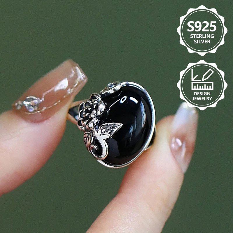 Image of 925 Sterling ' Fashionable Ring, Elegant And Fashionable, Set With Black Agate, A High-quality Ladies' Ring With , Suitable For Vacation Trips, Daily Wear, The Perfect Commemorative Gift For