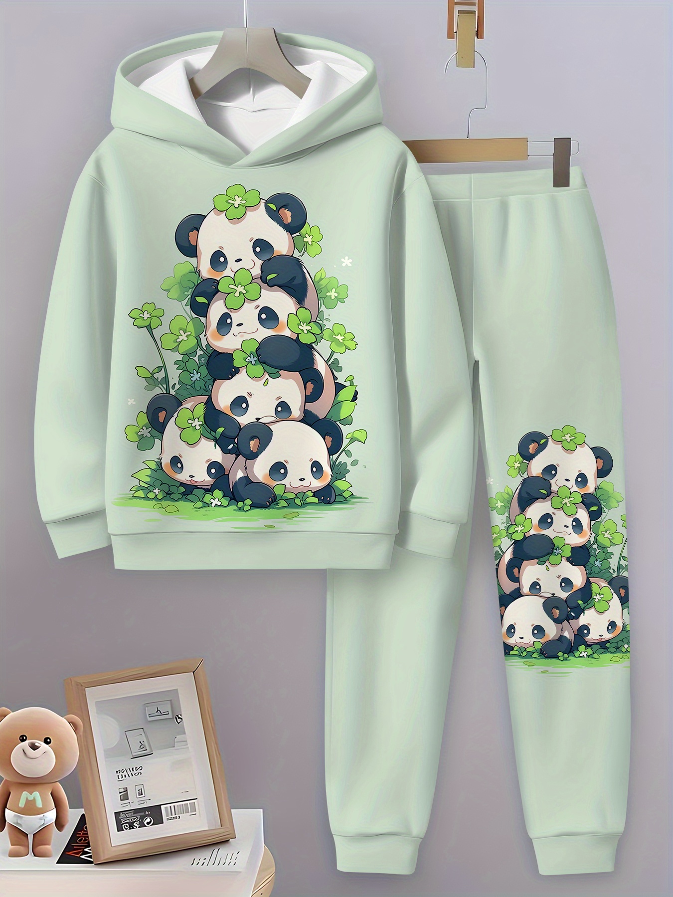 Light Green Cute Panda-Themed 2pcs Set for Girls