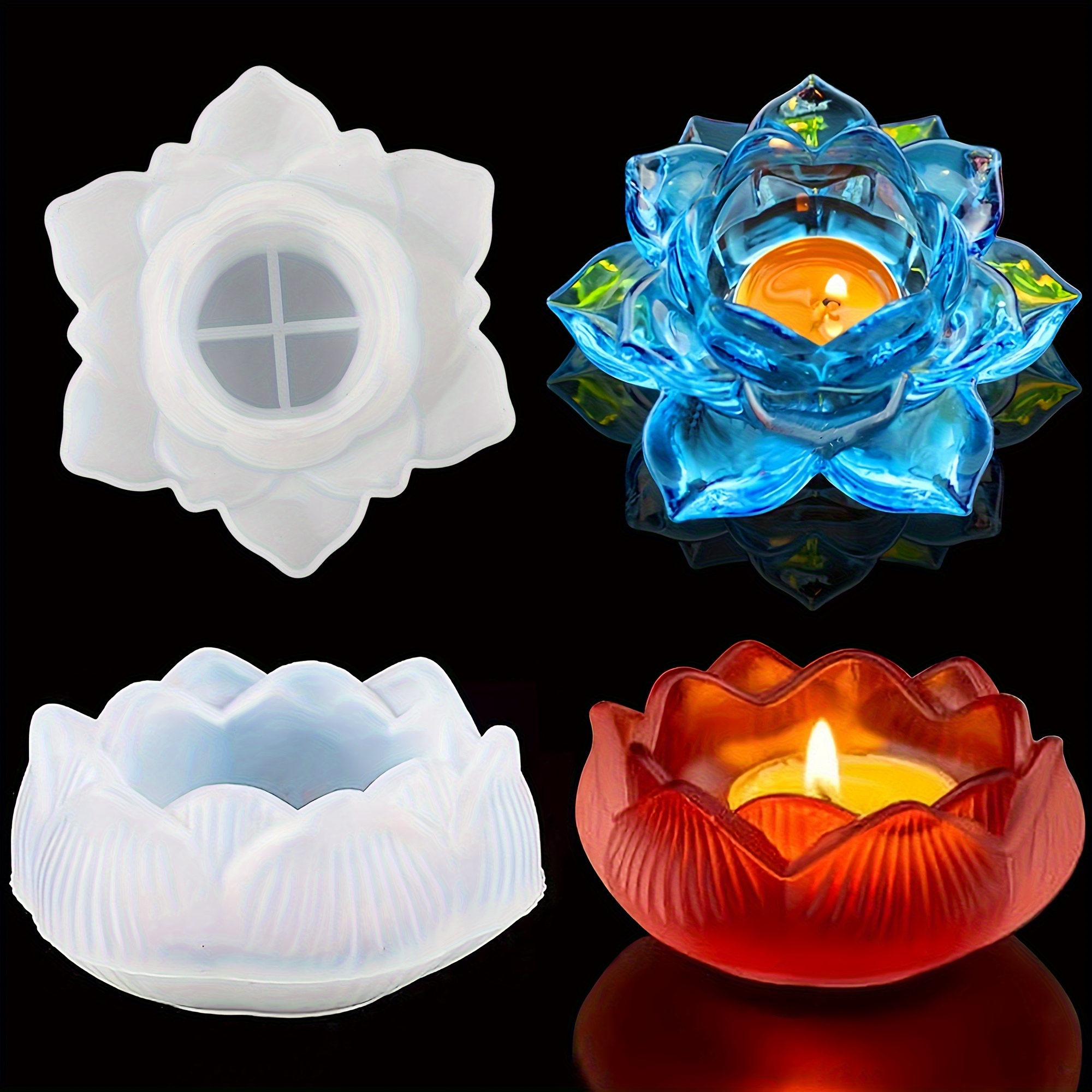 E-shop Epoxidharz-Gießform-Set, geeignet für DIY-Silikon-Kerzenhalter – Blumen- und Lotus-Motive, ideal für Schmuckkästchen, Teelicht-Halter &