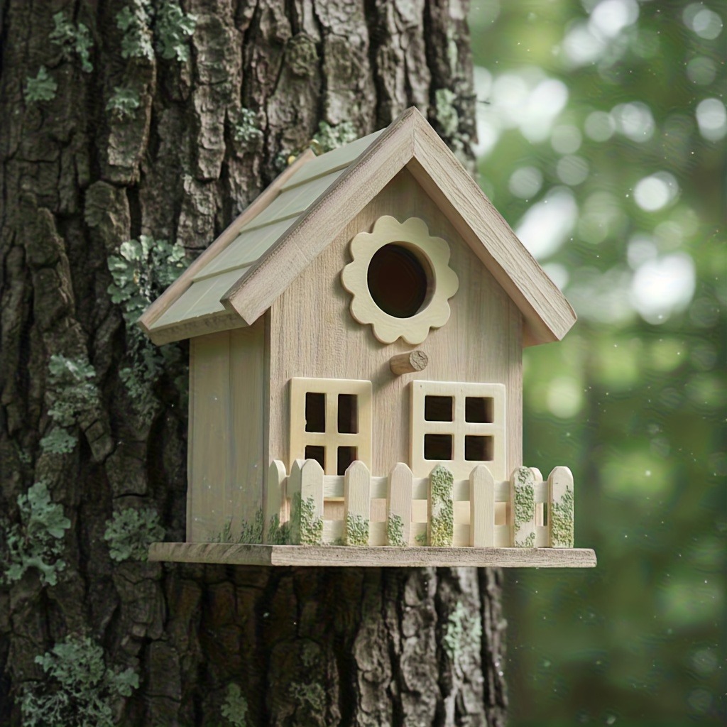 Image of Stylish Wooden Bird Cage - Ideal For, Perfect For And Parrots, Outdoor Garden Decor | Rustic Style | Durable | User-friendly Hanging Feeder, No Battery Needed