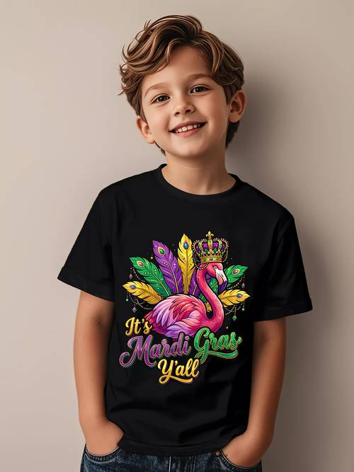 item picture boys and girls mardi gras flamingo t shirt vintage short sleeve with flamingo print and mardi gras slogan suitable for childrens birthday outfits and casual wear