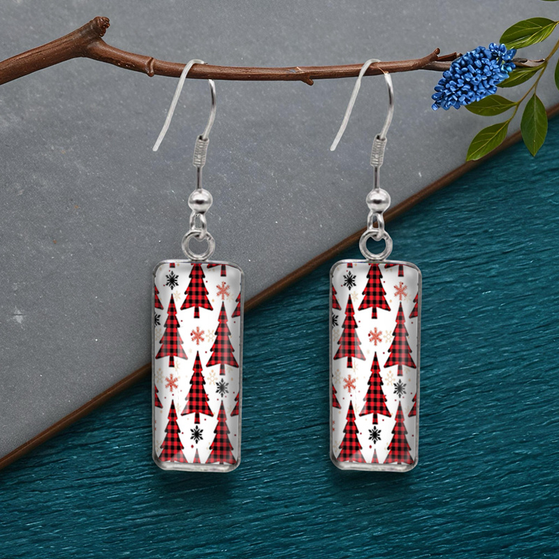 TEMU 1 Pair Red Black Checkered Christmas Tree Rectangular Earring Fashion Dangle Earrings Handmade Glass Dome Jewelry, Party Earrings, Holiday