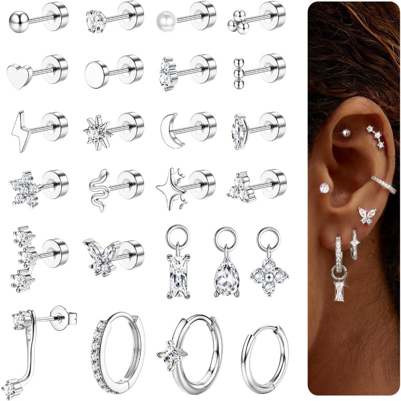 2d Flat, Flat Back Earrings Hypoallergenic Surgical Steel Stud Hoop Earrings Set Tragus Helix Cartilage Earring Plated Conch Daith Tragus Piercing Jewellery For Women