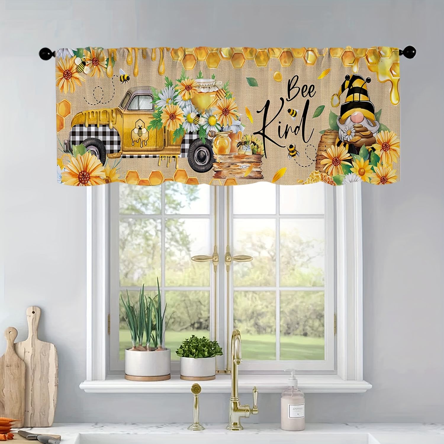 TEMU 2d Flat - 2d Printed 54x17.7in/137x45cm 1pc Sunflower Gnome Riding Car Yellow Texture Background Kitchen Curtain Valance With Rod Pocket For