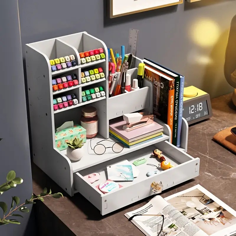 desktop pen storage solution featuring drawers and dual file holders ideal for organizing art supplies versatile for home office and educational use Product details 4