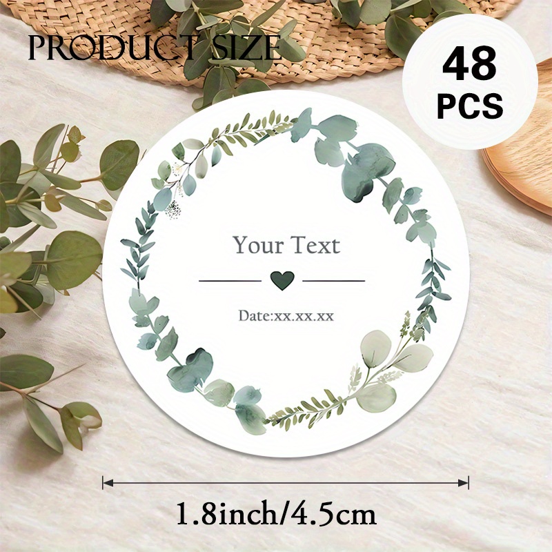E-shop Personalisierte 48/96 Stück "Blumenkranz" Runde Aufkleber, personalisierbarer Text. Mit einem weichen Aquarell-Blattkranz-Design. Geeignet für