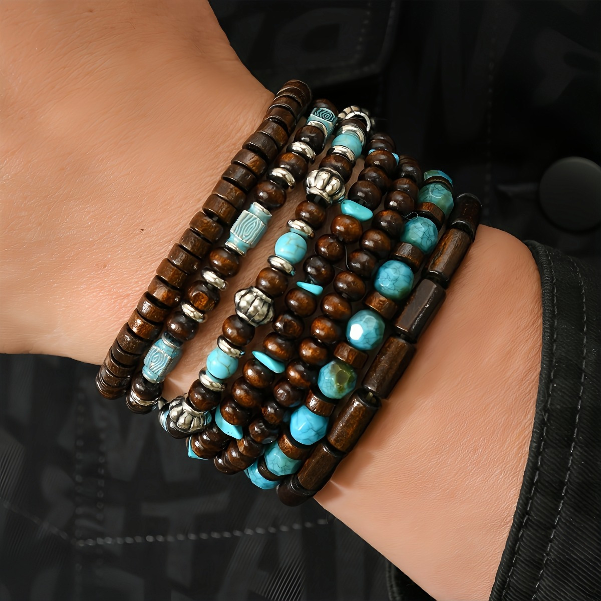 TEMU Set Of 7 Bohemian Style Wooden Bead Bracelets Featuring Turquoise Details For Men, Perfect As Gifts